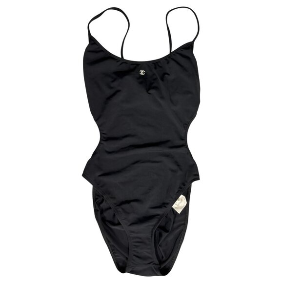 CHANEL Vintage 97C CC Mark Logo Swimsuit Swimwear One-piece Black White [105979] - Picture 1 of 9